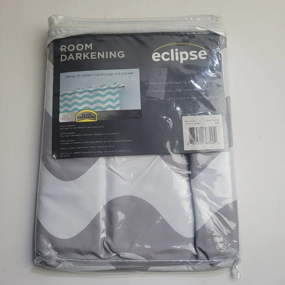 NEW Eclipse 'Wavy Chevron Grey' Blackout Thermal Curtain Panel 42x63in #CT5